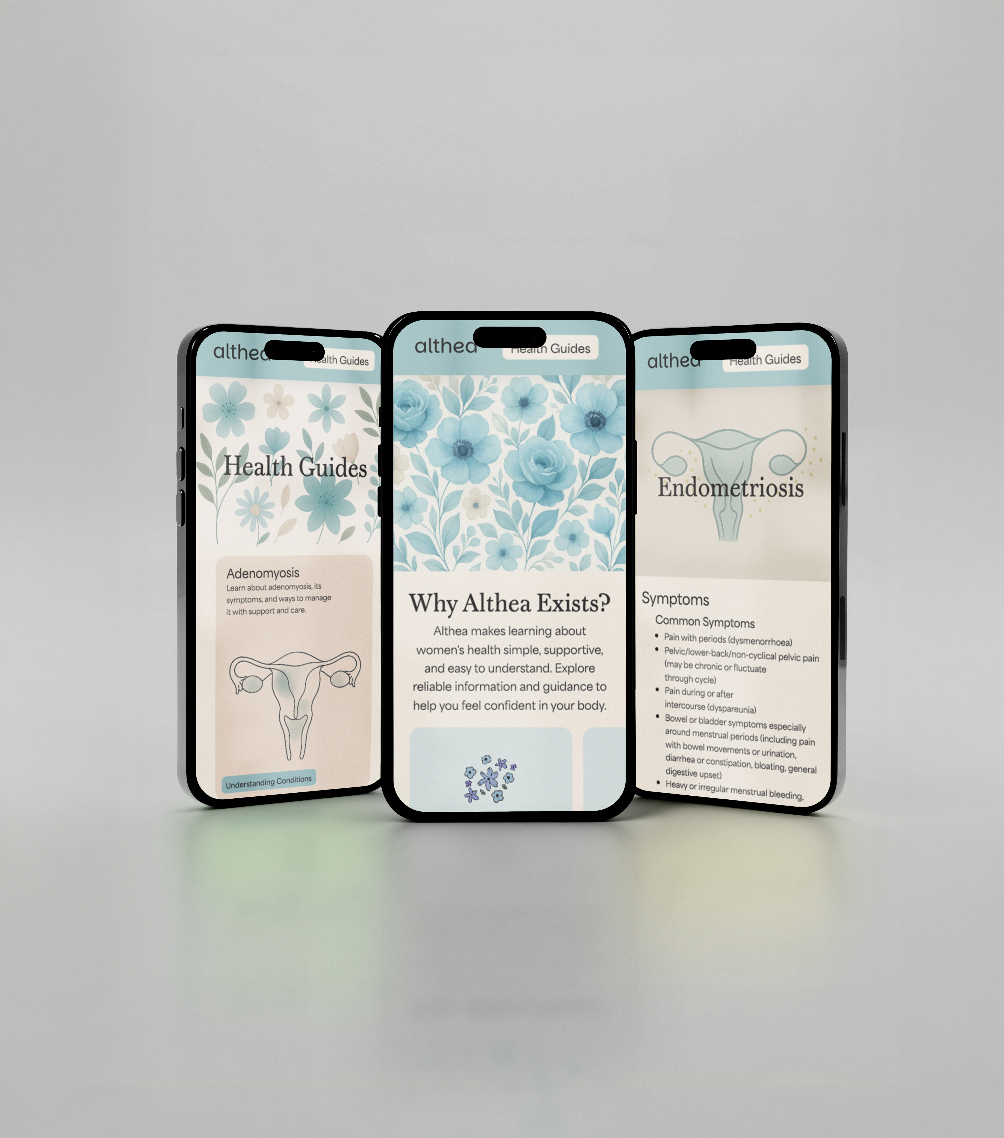 3 phone screen mockup of Althea home, overview and endo page