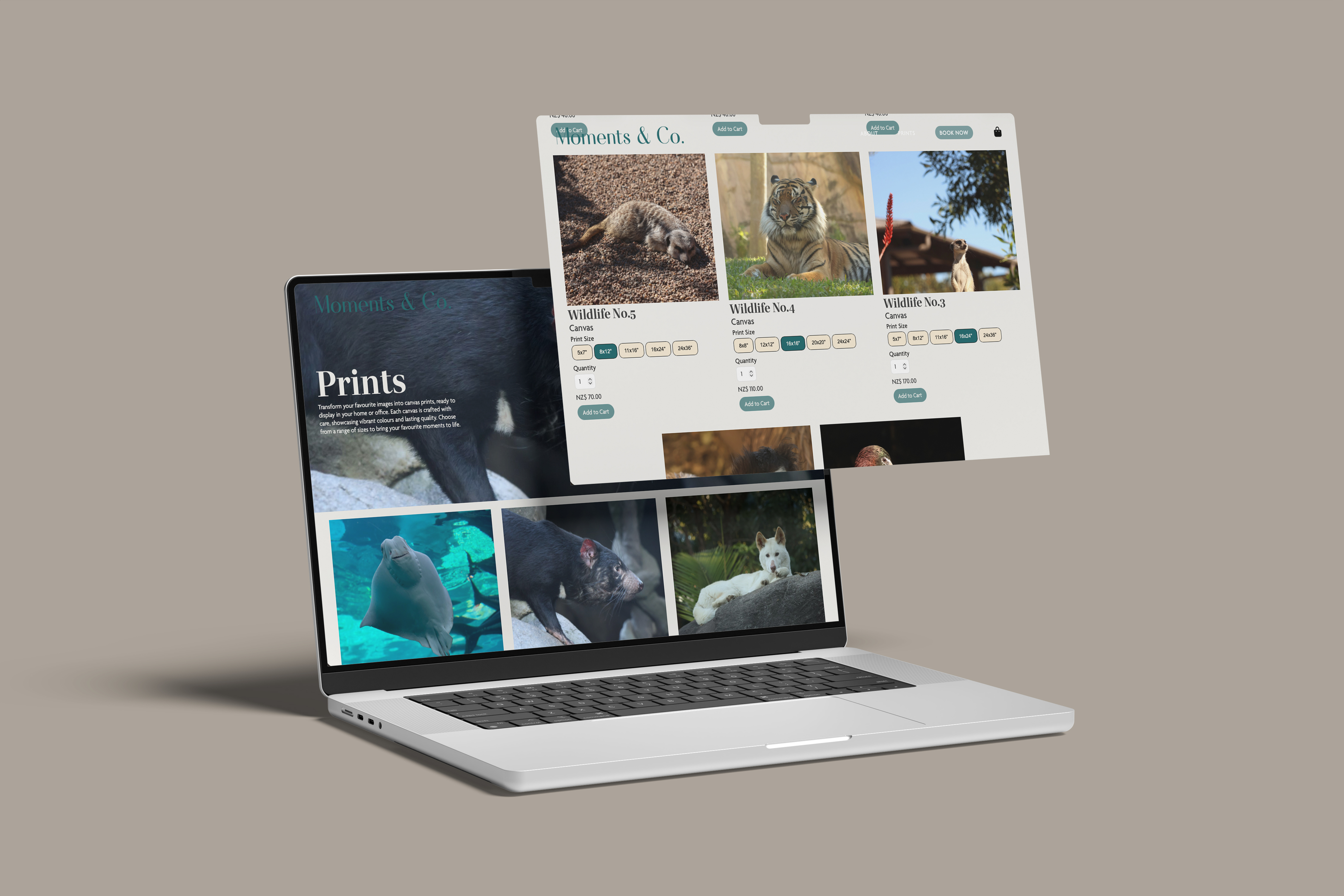 Prints page of Moments & Co. website shown on laptop and tablet
