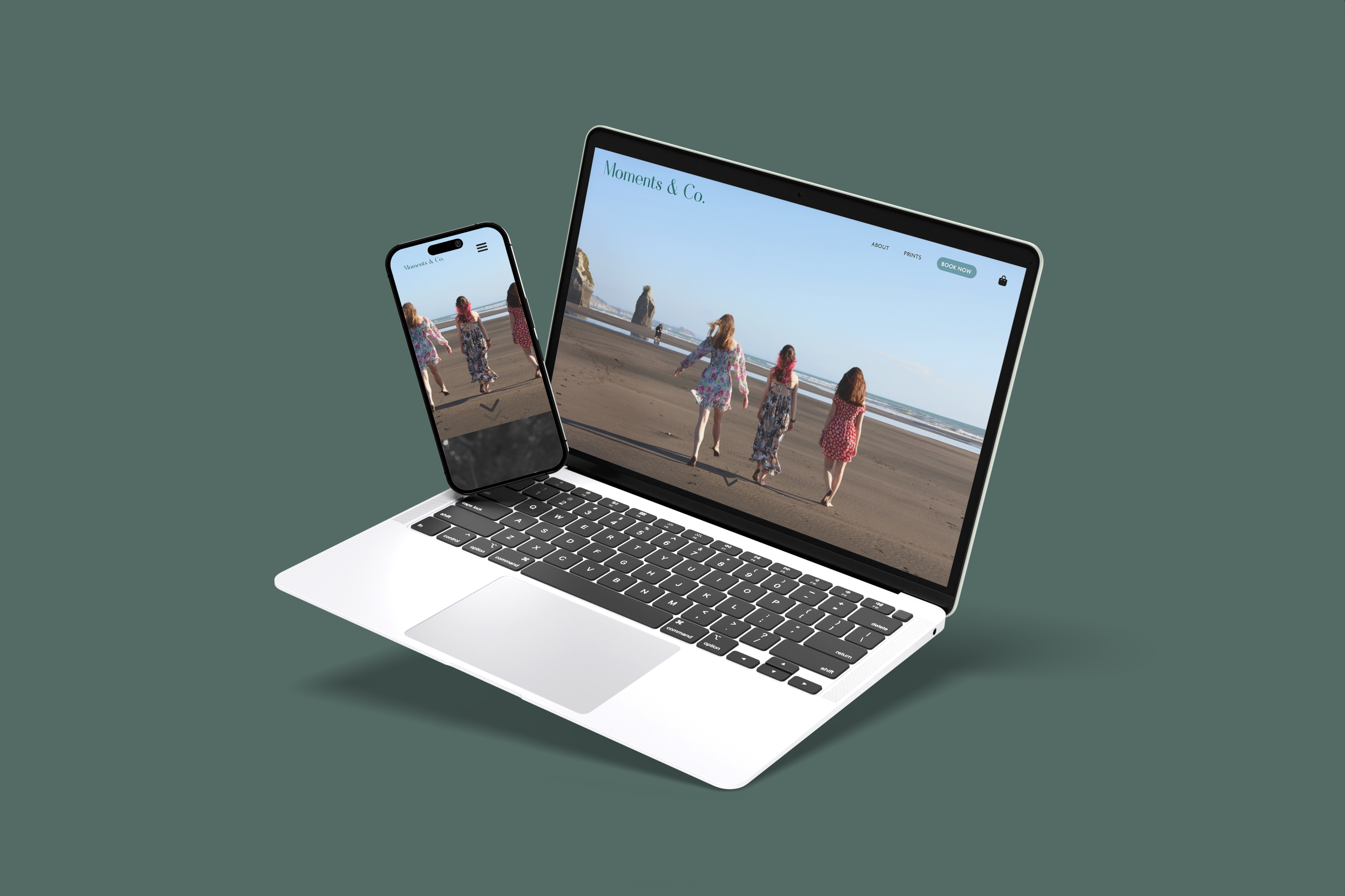 Moments & Co. website homepage shown on laptop and phone mockups