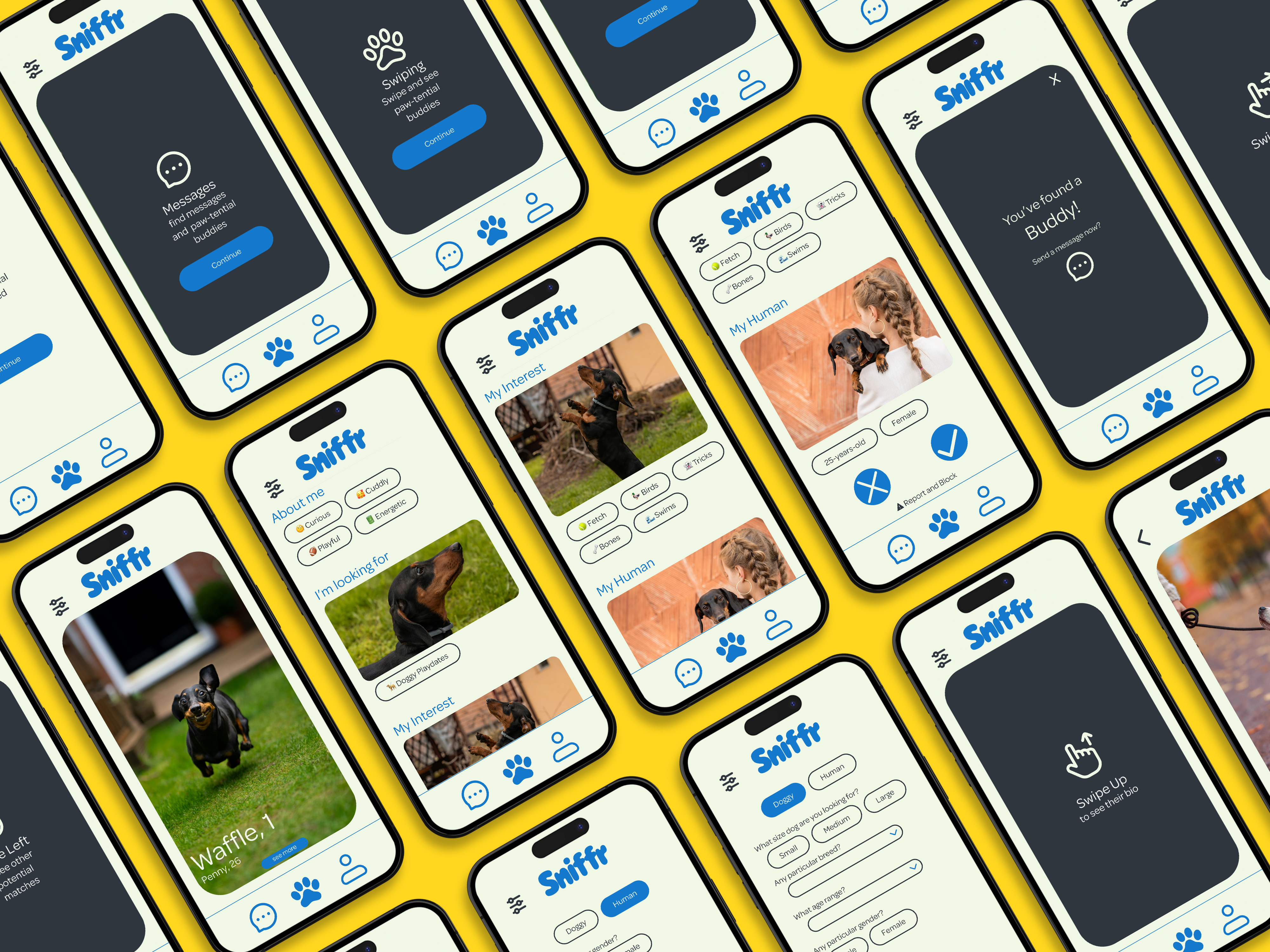 multi screen mockup of sniffr app screens