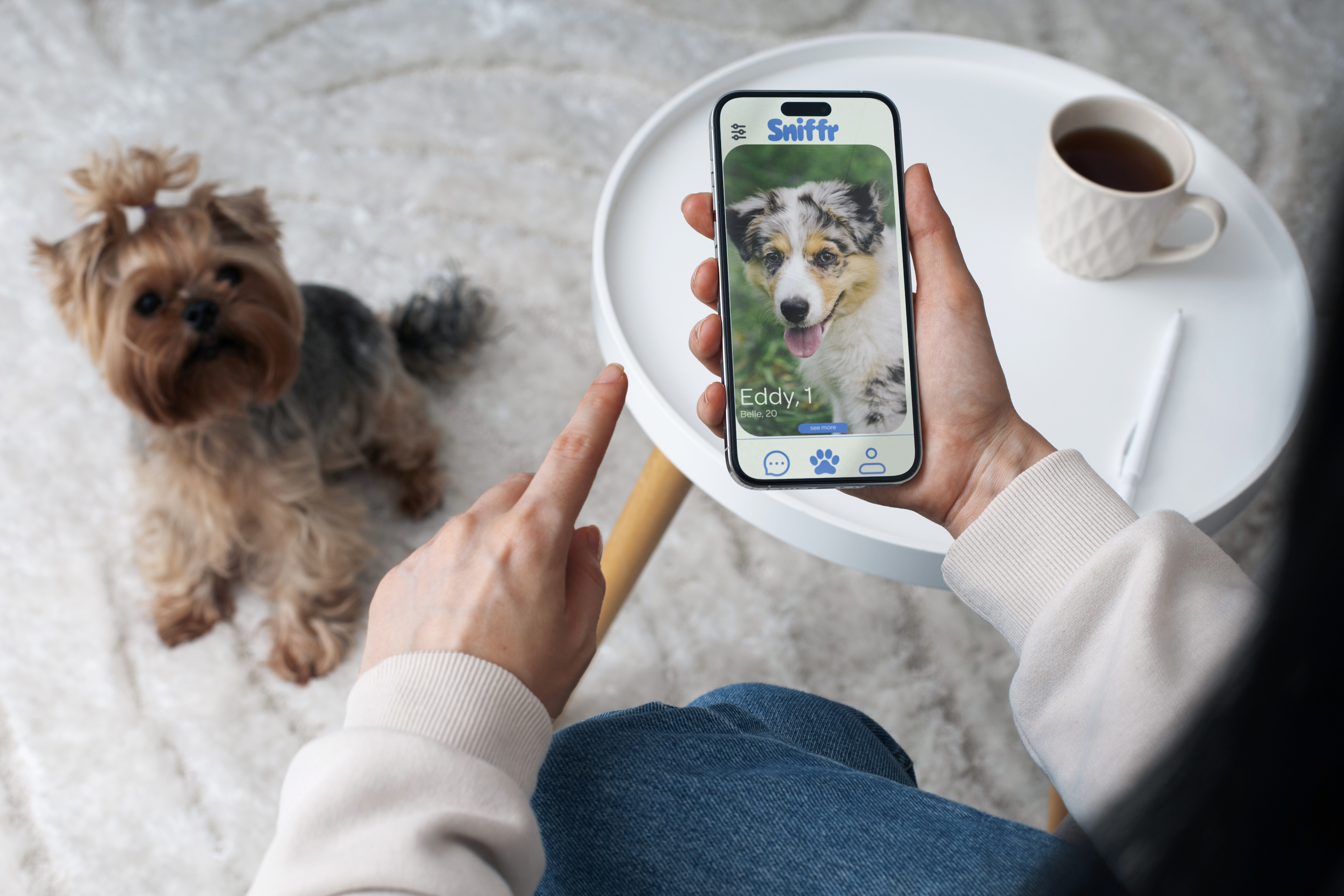person using sniffr, with a dog in the background